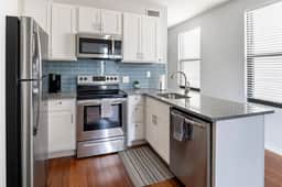 Fully equipped kitchen with stainless steel appliances (microwave, dishwasher, stove, fridge)