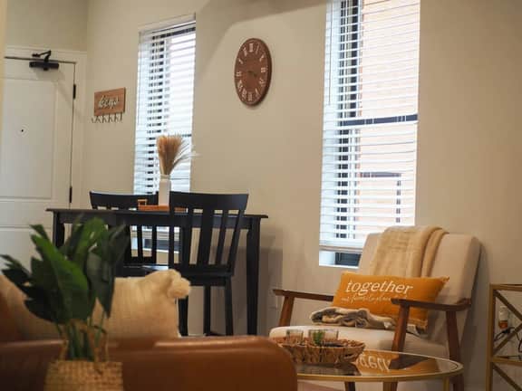 Bask in the modern ambiance and feel right at home with the available comforts offered! The dining area is perfect for enjoying a fresh cup of coffee/ tea, and tasty food!